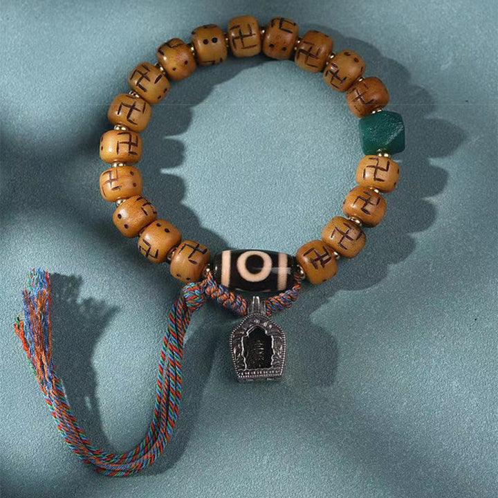 BWOOOH Natural Tibetan Camel Bone Swastika Dzi Bead Shankha Buddha Charm Kirtimukha Luck Protection Tassel Bracelet