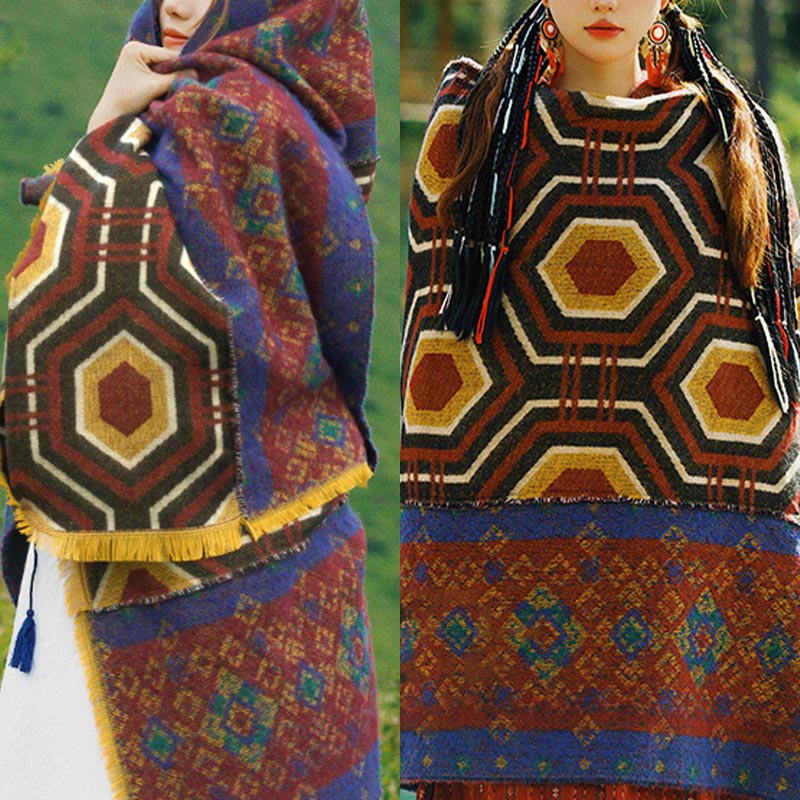 BWOOOH Tibetan Shawl Brown Blue Red Geometric Shapes Patt