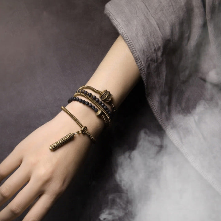 BWOOOH Vintage Lava Rock Brass Copper Healing Multilayered Bracelet