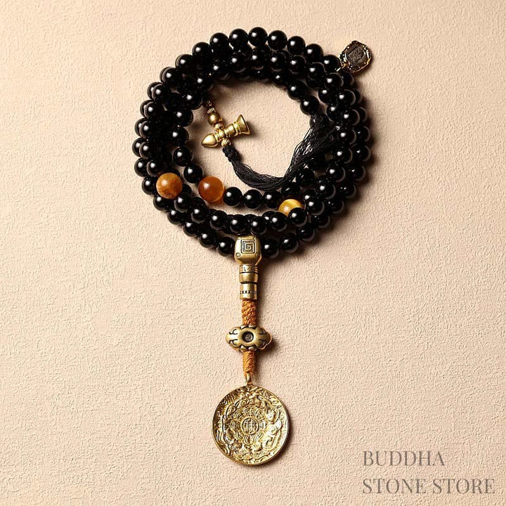 BWOOOH Tibetan 108 Mala Beads Black Onyx Tiger Eye Nine Palaces Bagua Protection Bracelet