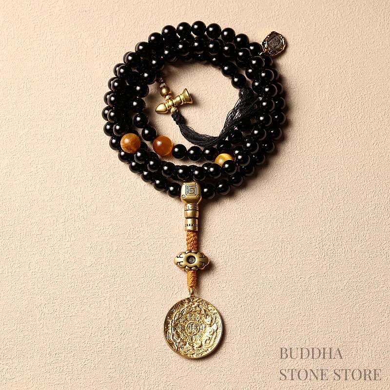 BWOOOH Tibetan 108 Mala Beads Black Onyx Tiger Eye Nine Palaces Bagua Protection Bracelet