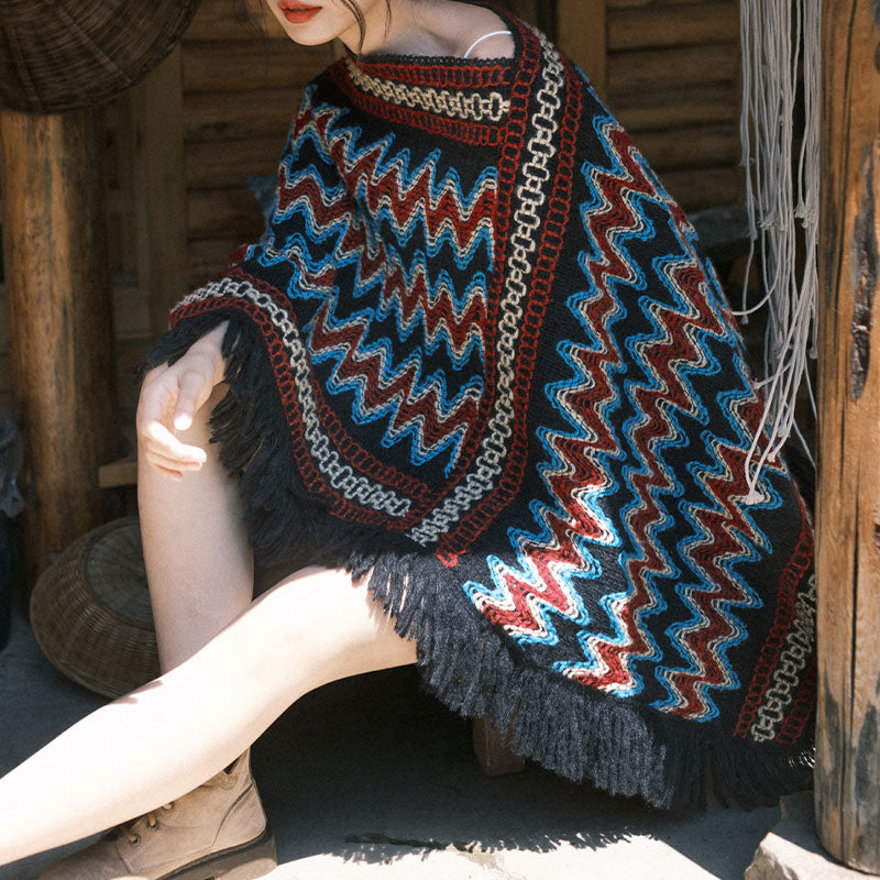 BWOOOH Tibetan Shawl Striped Knitted Tassels Pullover Win