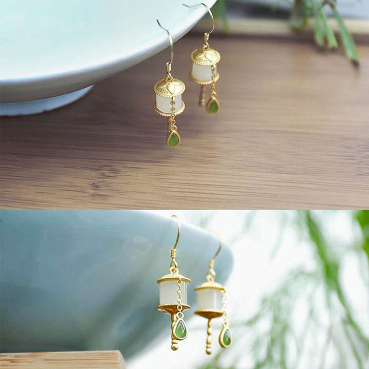 BWOOOH 925 Sterling Silver Jade Prayer Wheel Luck Drop Earrings