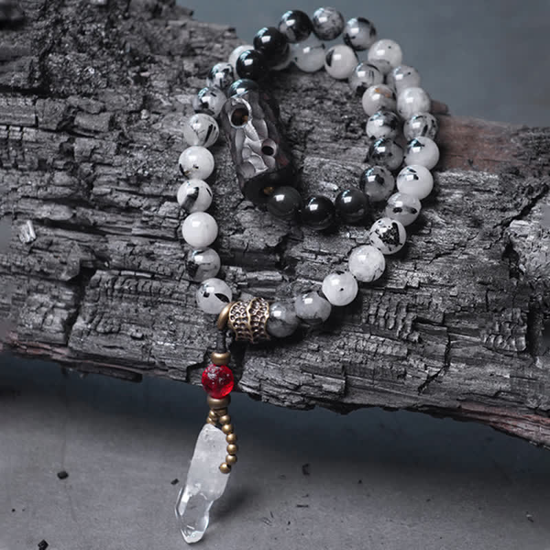 BWOOOH Black Rutilated Quartz Ebony Wood White Crystal Success Couple Bracelet