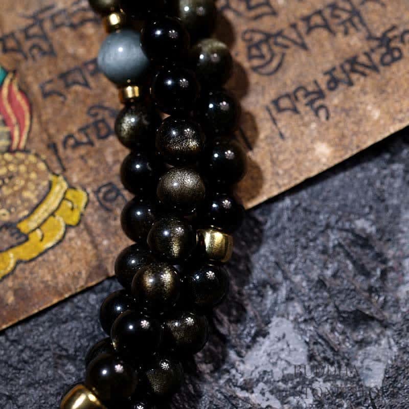 BWOOOH 108 Mala Beads Gold Sheen Obsidian Tiger Eye Eagle&