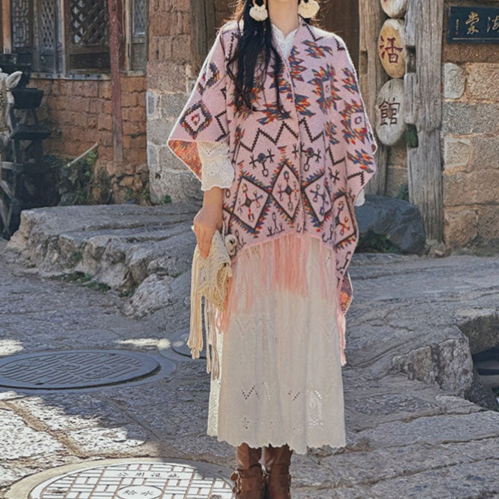 BWOOOH Tibetan Shawl Striped Geometry Pattern Winter Cozy