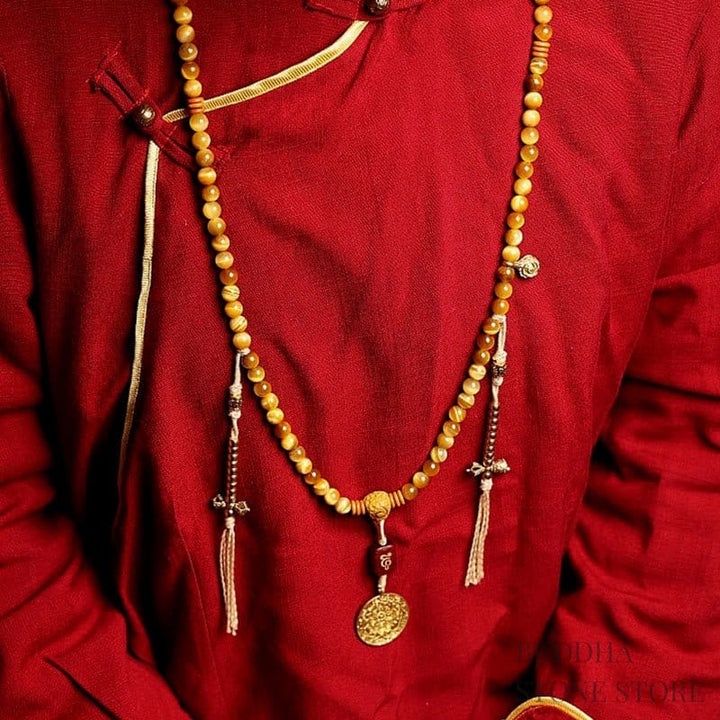 BWOOOH 108 Mala Beads Natural Tiger Eye Copper Dorje Protection Tassel Bracelet