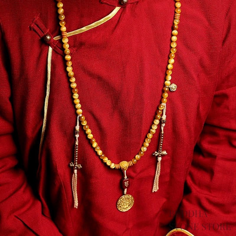 BWOOOH 108 Mala Beads Natural Tiger Eye Copper Dorje Protection Tassel Bracelet
