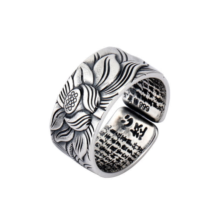 BWOOOH 999 Sterling Silver Lotus Symbol Heart Sutra Protection Ring