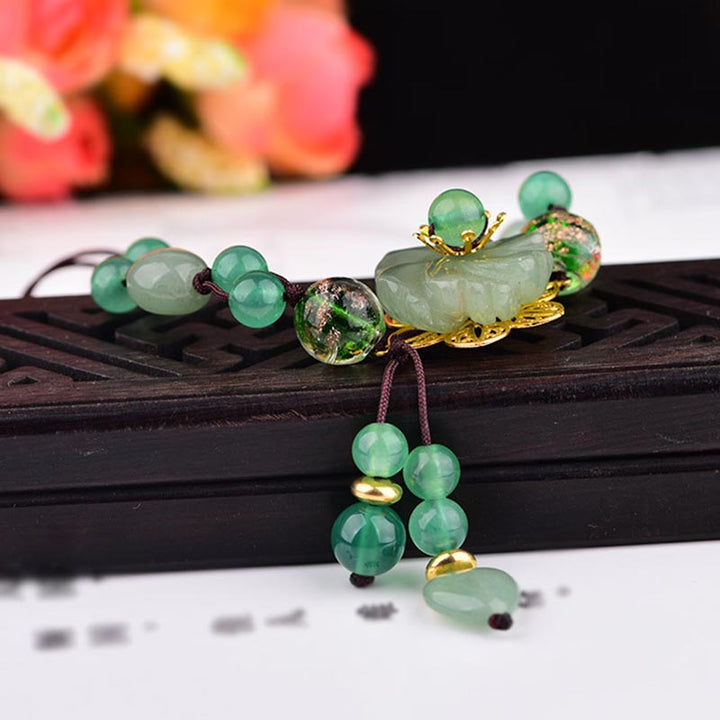 BWOOOH Natural Green Jade Luck Dangling Flower Bracelet