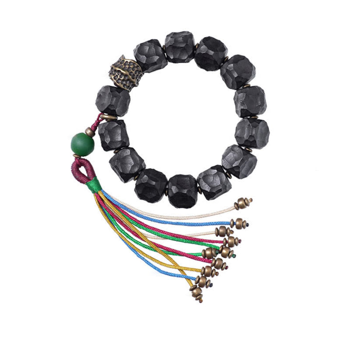 BWOOOH Tibet Ebony Wood Copper Peace Tassel Wrist Mala Bracelet