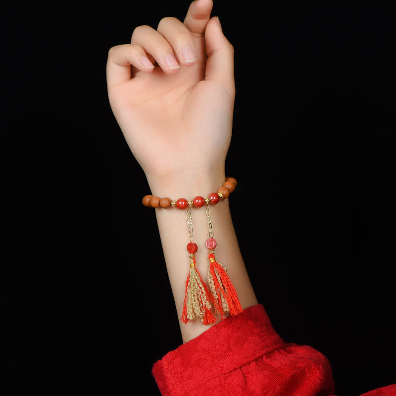 BWOOOH Tibetan Natural Peach Wood Cinnabar PiXiu Wealth Tassels Bracelet