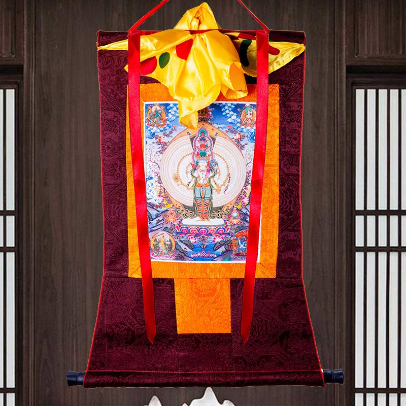 BWOOOH Tibetan Thousand-handed Avalokitesvara Framed Thangka Blessing Decoration | natural stone spiritual home decor