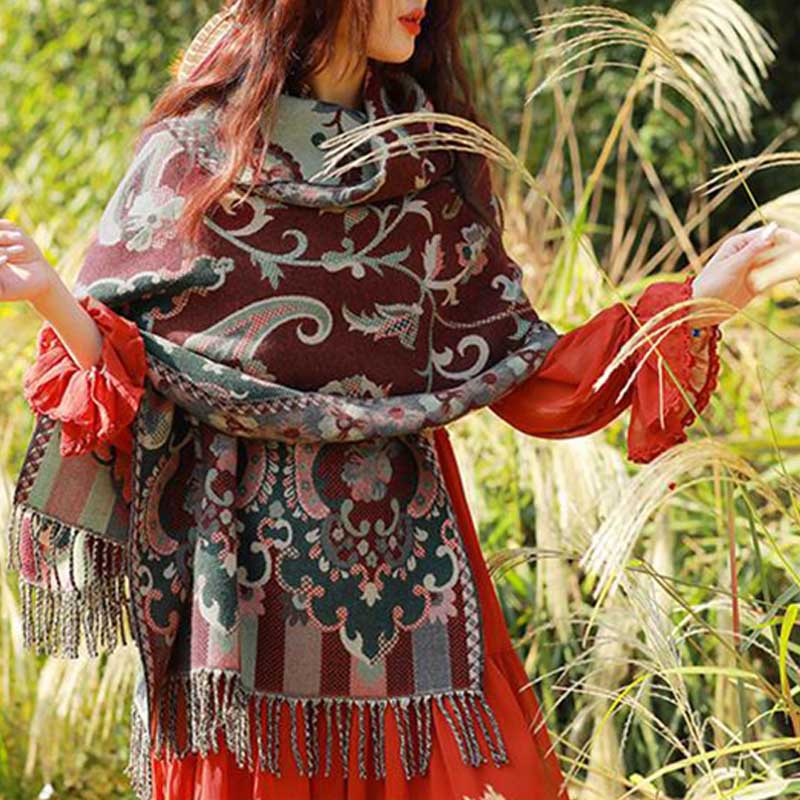 BWOOOH Tibetan Flowers Leaves Branch Design Tassel Shawl 