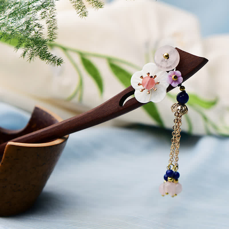 BWOOOH Red Sandalwood Pink Crystal Charm Healing Hairpin 