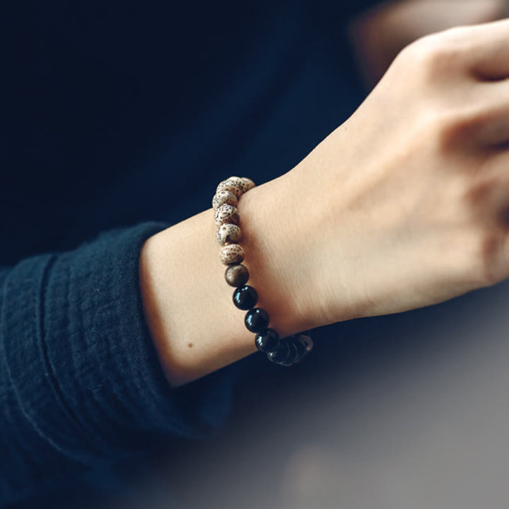 BWOOOH Tibetan Bodhi Seed Black Obsidian Ebony Wood Copper Peace Bracelet