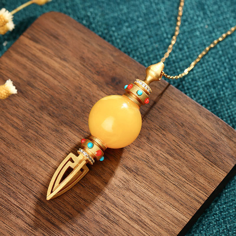 BWOOOH 24K gold plated natural amber Dorje Vajra clear anxiety necklace pendant