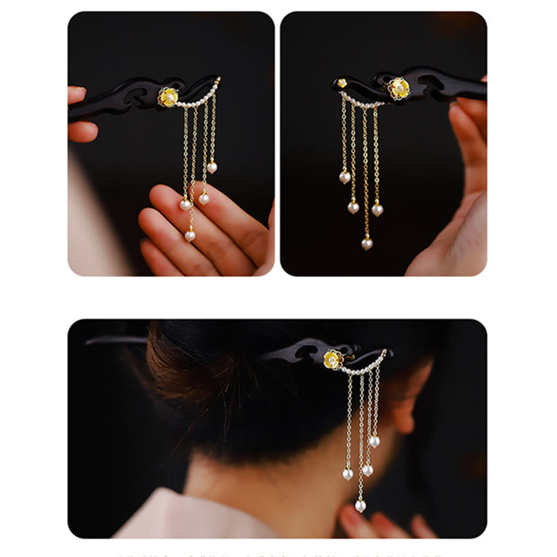 BWOOOH Ebony Wood Yellow Flower Pearl Tassels Hairpin