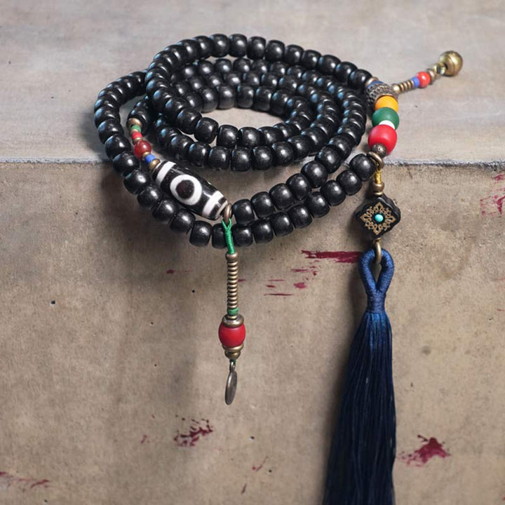 BWOOOH 108 Beads Mala Ebony Wood Dzi Bead Copper Balance Tassel Bracelet