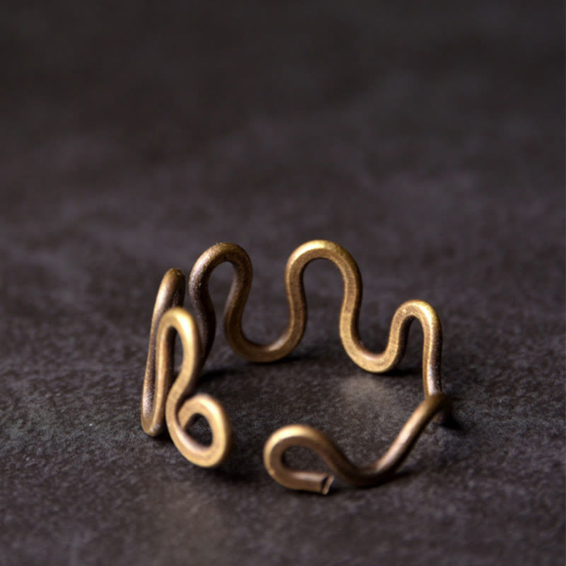 BWOOOH Simple Curved Brass Design Copper Luck Wealth Adjustable Ring