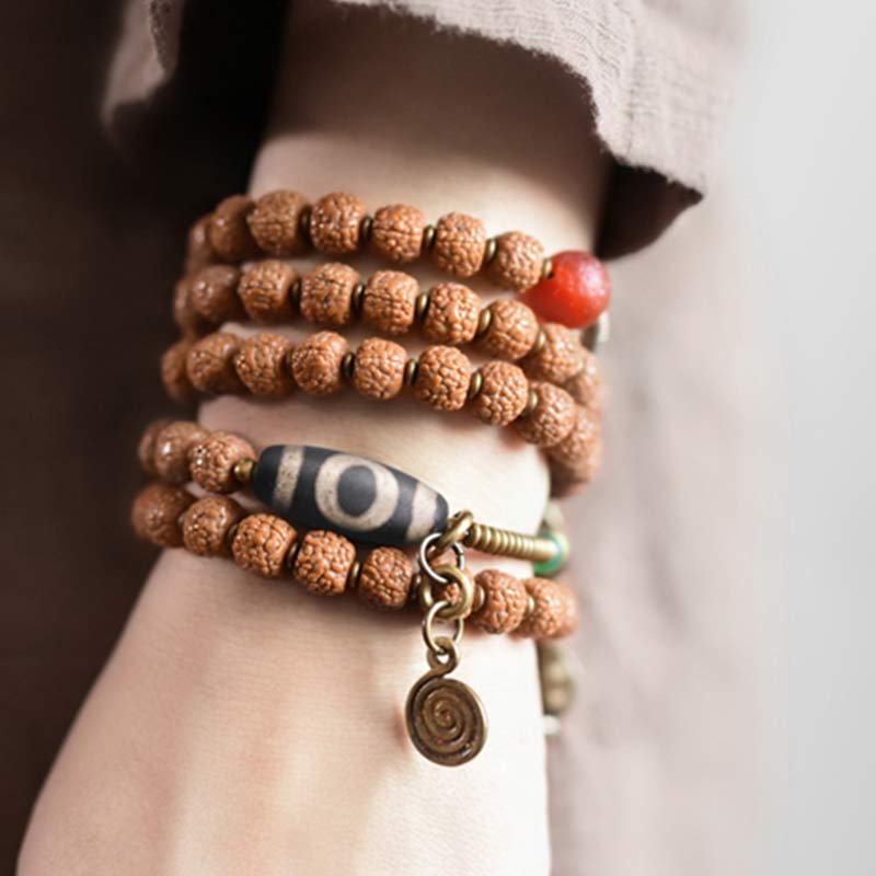 BWOOOH 108 Mala Rudraksha Beads Bodhi Seed Dzi Bead Luck Auspiciousness Tassel Bracelet