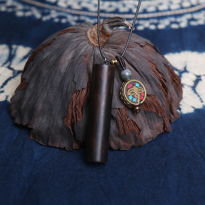 BWOOOH Tibetan Ebony Wood Dzi Bead Peace Calm Necklace Pendant