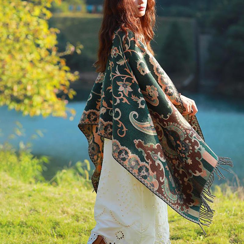 BWOOOH Tibetan Flowers Leaves Branch Design Tassel Shawl 