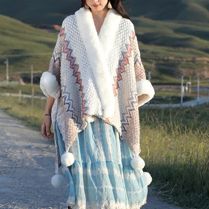 BWOOOH Tibetan Multicolored Wavy Lines Knitted Striped Sh