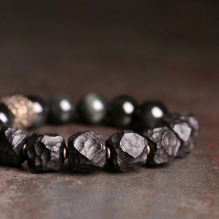 BWOOOH Black Obsidian Ebony Wood Copper Strength Couple Bracelet