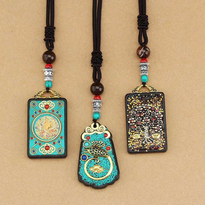 BWOOOH Tibet God Of Wealth Money Tree Golden Phoenix Thangka Ebony Peace Necklace Pendant