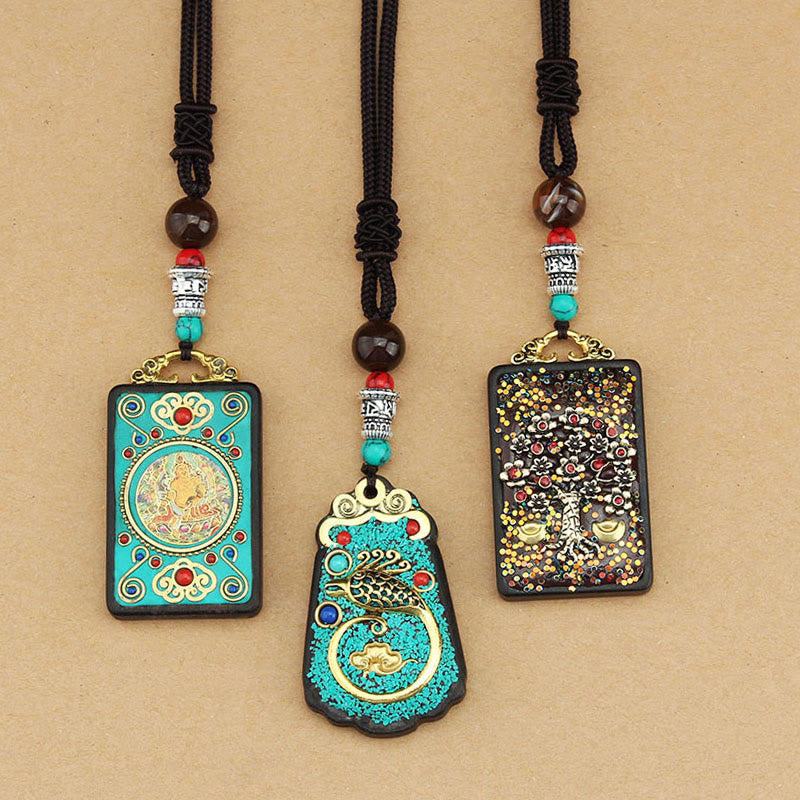 BWOOOH Tibet God Of Wealth Money Tree Golden Phoenix Thangka Ebony Peace Necklace Pendant