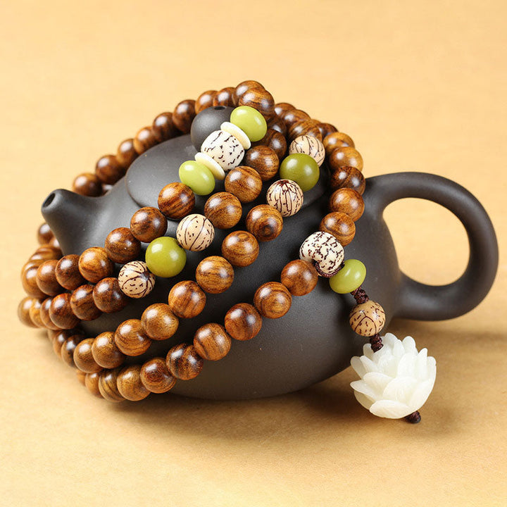 BWOOOH Tibetan Rosewood Lotus Mala Protection Calm Necklace Bracelet