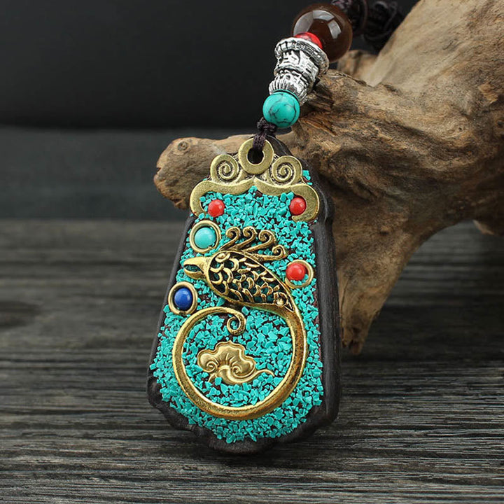 BWOOOH Tibet God Of Wealth Money Tree Golden Phoenix Thangka Ebony Peace Necklace Pendant