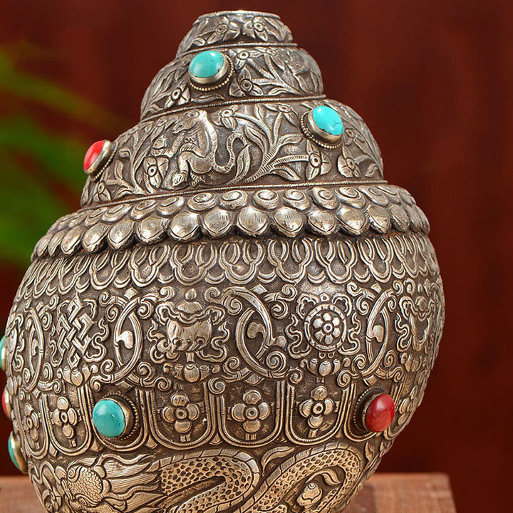 Buddha Stones Tibetan Handmade Natural Shankha Engraved Eight Auspicious Symbols Conch Shell Lucky Home Decoration