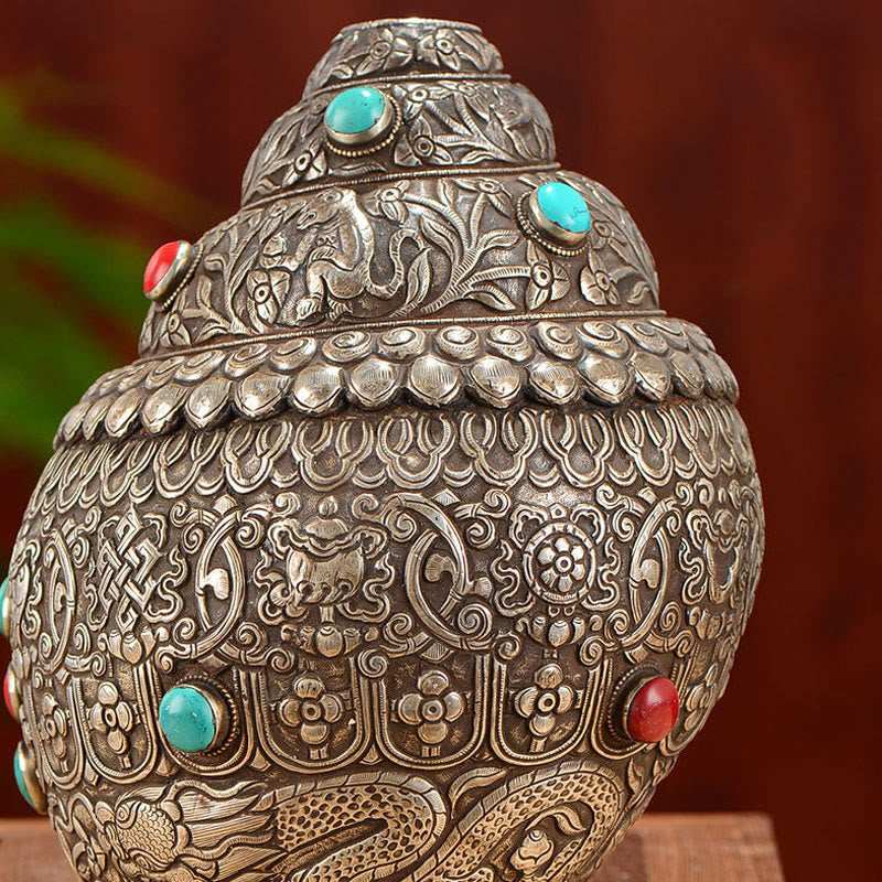 Buddha Stones Tibetan Handmade Natural Shankha Engraved Eight Auspicious Symbols Conch Shell Lucky Home Decoration