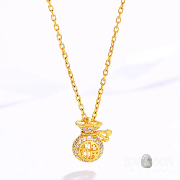 24K Gold Plated Fu Character Fortune Money Bag Necklace Pendant displaying intricate wealth symbols for spiritual prosperity - View 2