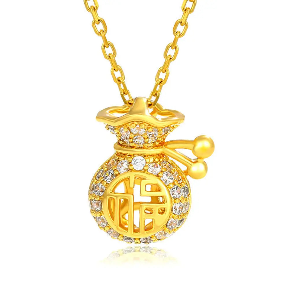 BWOOOH 24K Gold Plated Fu Character Fortune Money Bag Necklace Pendant — gold-toned Fu charm and Money Bag for wealth, blessing, and abundance.