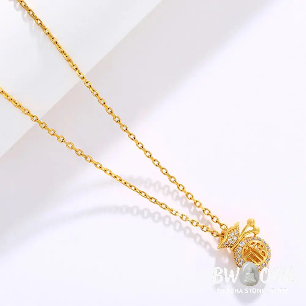 24K Gold Plated Fu Character Fortune Money Bag Necklace Pendant displaying intricate wealth symbols for spiritual prosperity - View 4