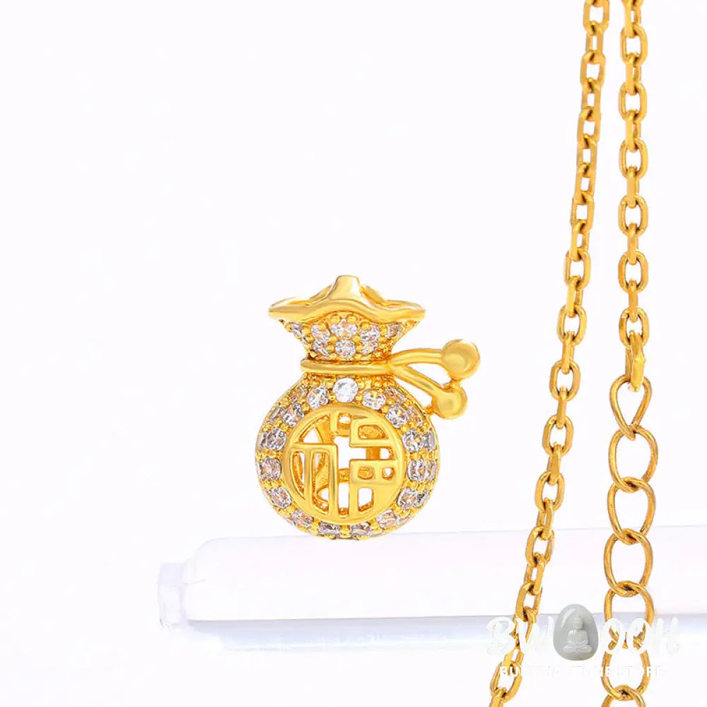 24K Gold Plated Fu Character Fortune Money Bag Necklace Pendant displaying intricate wealth symbols for spiritual prosperity - View 5