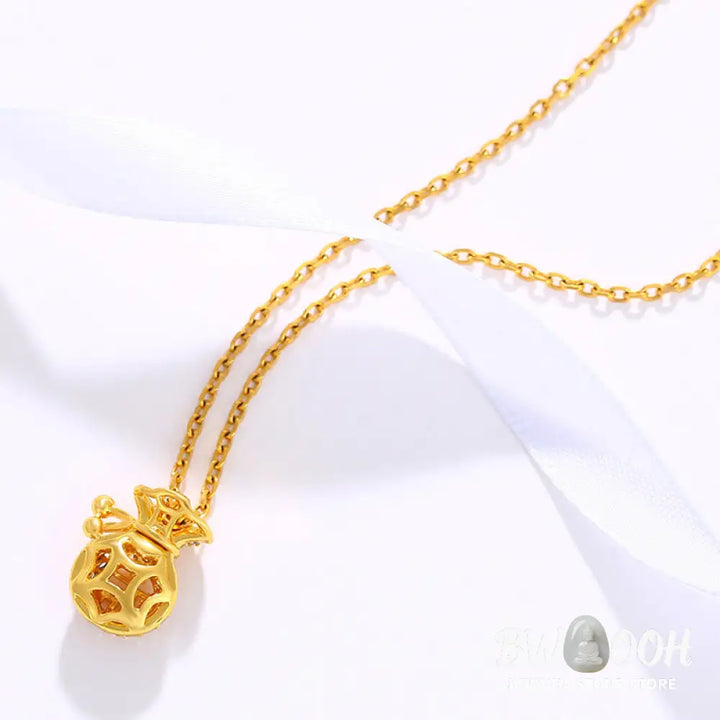 24K Gold Plated Fu Character Fortune Money Bag Necklace Pendant displaying intricate wealth symbols for spiritual prosperity - View 3