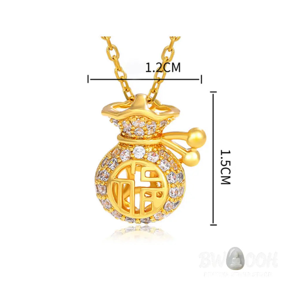 24K Gold Plated Fu Character Fortune Money Bag Necklace Pendant displaying intricate wealth symbols for spiritual prosperity - View 8