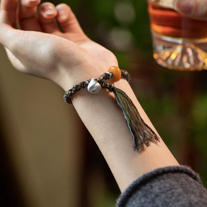 BWOOOH 990 Sterling Silver Tibetan Handmade Amber Steelyard Weight Wish Protection Bracelet