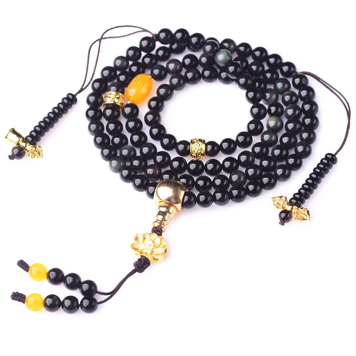 BWOOOH 108 Beads Natural Black Obsidian Lotus Fulfilment Mala Bracelet