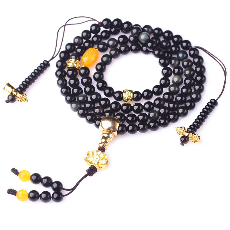 BWOOOH 108 Beads Natural Black Obsidian Lotus Fulfilment Mala Bracelet