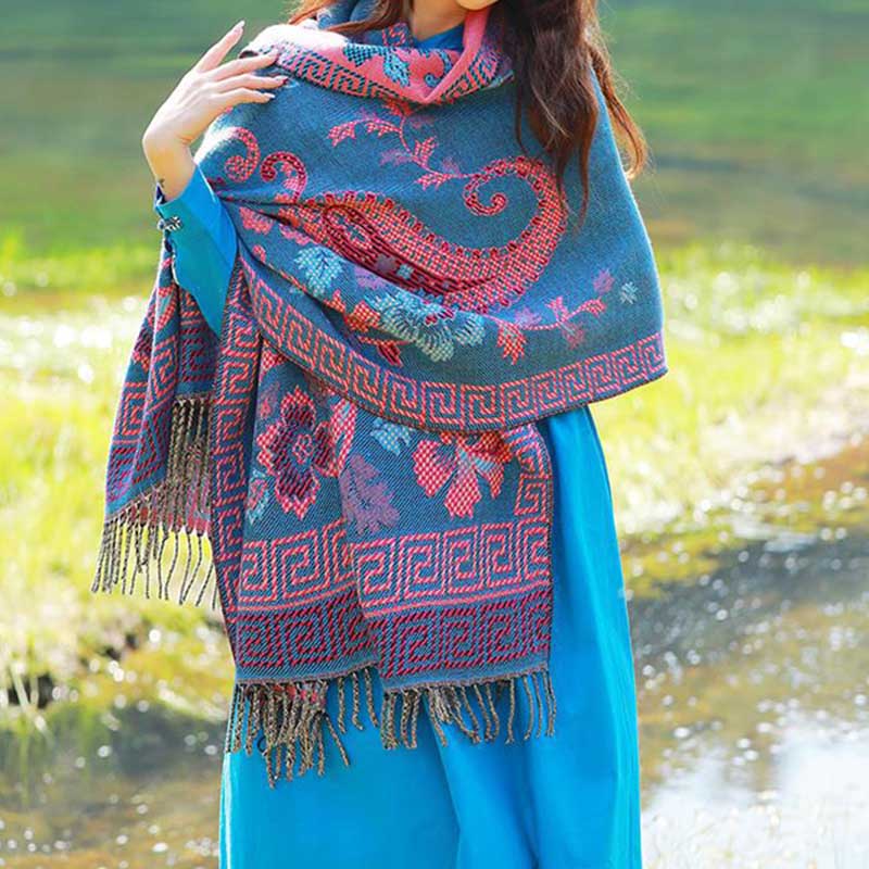 BWOOOH Tibetan Flowers Leaves Pattern Design Shawl Cozy T