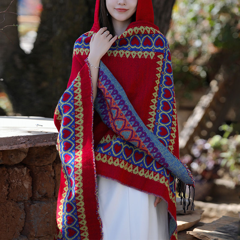 BWOOOH Tibetan Shawl Red Love Heart Tassel Hooded Cloak W