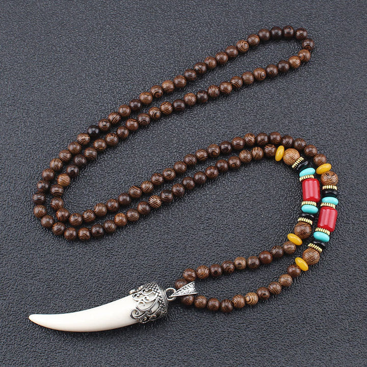 BWOOOH Wenge Wood Turquoise Stone Horn Style Protection Meditation Necklace Pendant
