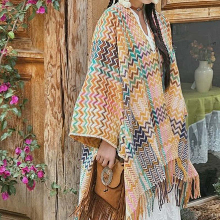 BWOOOH Tibetan Shawl Colorful Wavy Striped Shapes Tassels