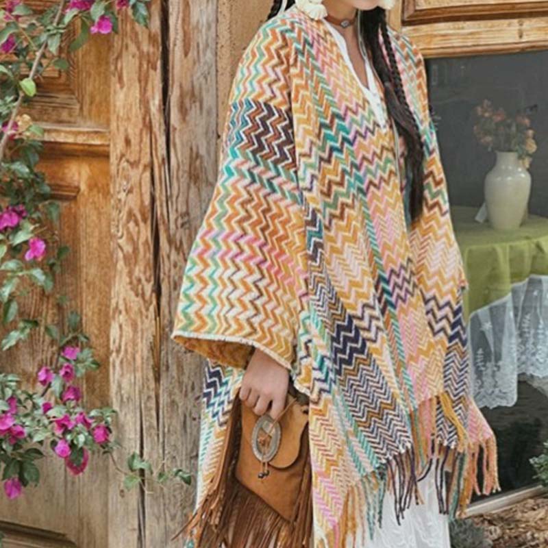 BWOOOH Tibetan Shawl Colorful Wavy Striped Shapes Tassels
