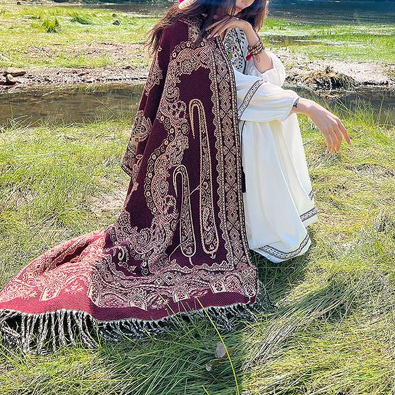 BWOOOH Vintage Tibetan Leaves Pattern Design Shawl Cozy T